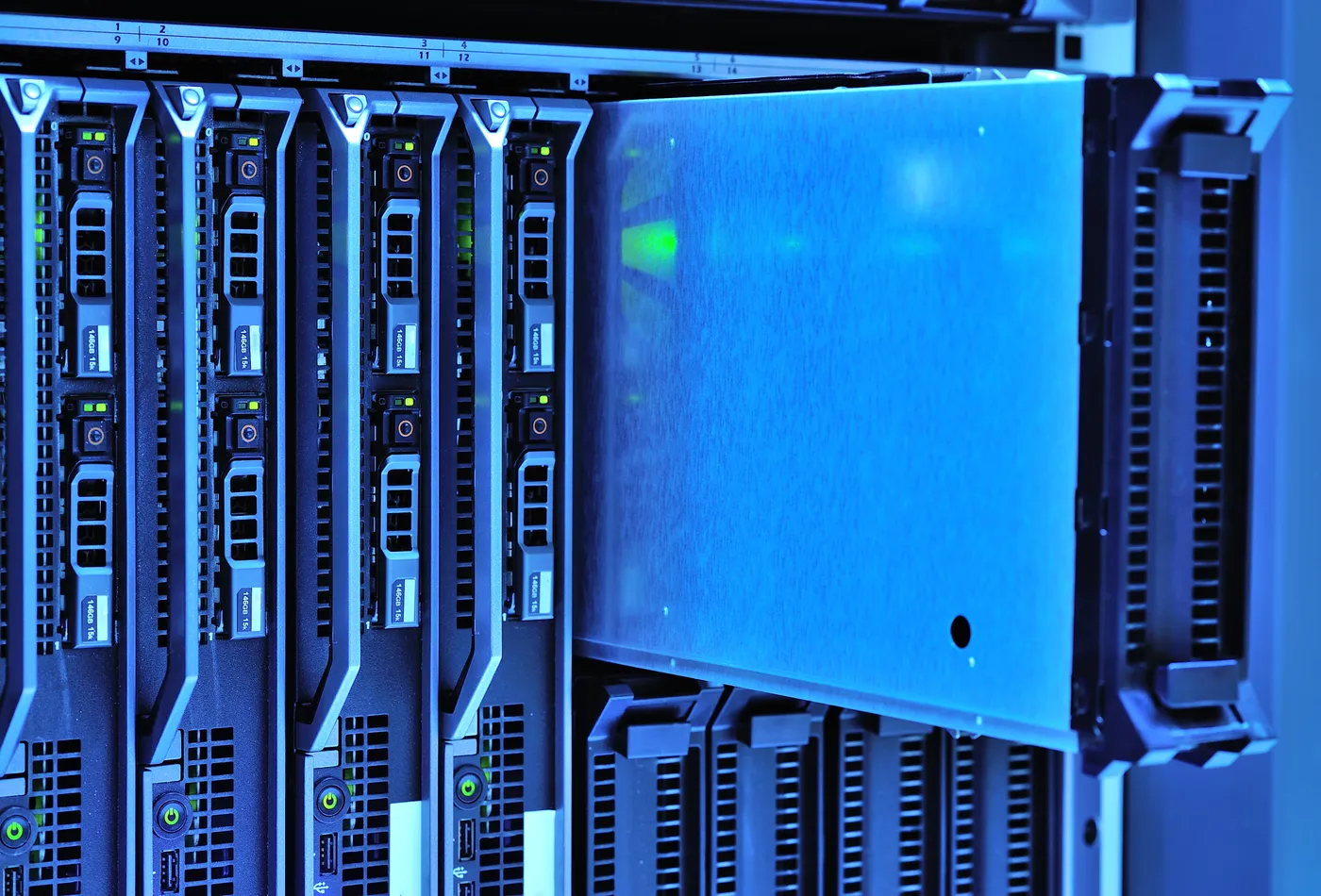 Server racks with network lights in a data center environment